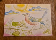 Obraz akwarela ptak ręcznie malowany P. Paszkiewicz