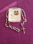 Różaniec z perełek srebrny z MB z Gietrzwałdu do Pierwszej Komuni Świętej +