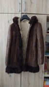 Kożuch skórzany kapturem brązowy  ozdobnym futerkiem wzory S XS Lutecia