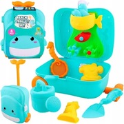 WALIZKA Z ZABAWKAMI DO PIASKU PIASKOWNICY MŁYNEK KONEWKA FOREMKI NA PLAŻĘ