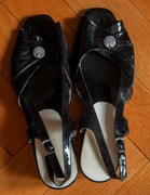 Sandały Damskie Czarny Lakier Koturn Słomkowy Rozmiar 40 MADE IN ITALY