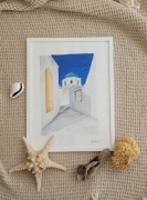 Santorini uliczki, Grecja, pejzaż, akwarela, na prezent, Morze Śródziemne