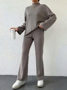 BEŻOWY KOMPLET ASYMETRYCZNY SWETER SPODNIE