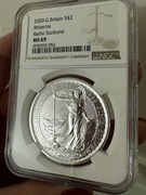 Srebrna moneta 2 funty Britannia 2020 Radial Sunburst 1oz Ag 999 NGC MS69