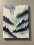 Obraz ręcznie malowany akrylowy 30x40 abstrakcja las we mgle góry