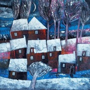 ZIMA..  obraz akrylowy 40x40 domki miasto wieś architektura dekoracja