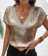 Bluzka top shirt metaliczna krótki rękaw r. L dekolt V