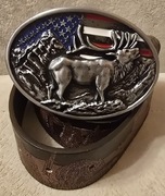 Skórzany pasek myśliwski JELEŃ BYK, do munduru myśliwego, leśnika. 120cm.