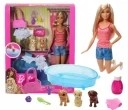 LALKA BARBIE KĄPIEL PIESKÓW zestaw z lalką i pieskami GDJ37