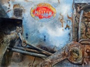 OBRAZ AKWARELA VINTAGE MARTWA NATURA  duża ciekawa traktor. 