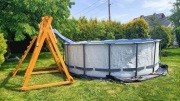 Stelażowy basen ogrodowy,zjeżdzalnia ,huśtawka z konstrukcją drewnianą