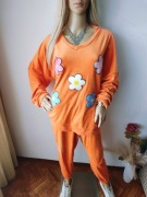 Dres komplet plus size Made in Italy neon pomarańcz kwiaty oversize 
