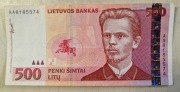 Banknot oryginalny 500 PENKI SIMTAI LITU Litwa