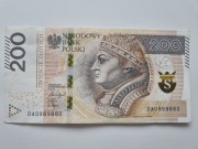 Banknot 200 zł nr DA 0889880 radar