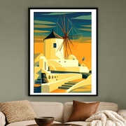 Grecja - Santorini  Ilustracja Art Deco Wiatrak o Zachodzie Słońca 40x60cm