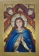 Matka Boża Królowa Aniołów, duży obraz 21x30 cm - pamiątka komunia chrzest