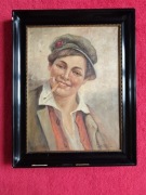 Stary obraz na płótnie sygnowanyportret chłopca z papierosem