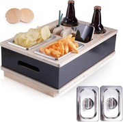 organizer na sofę z drewna z dwoma miseczkami na przekąski