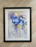 Obraz akwarela malowany ręcznie Niebieskie maki A3 nowy 