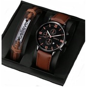 Zegarek męski na brązowym pasku skórzanym Datownik Kwarcowy + Bransoletka