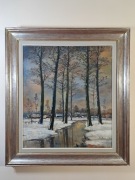 "Zimowy pejzaż z rzeką. Prosper De Roover.Piękny obraz olej na płótnie