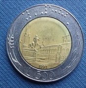 Moneta Włochy 500 lirów 1991