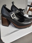 Czarne półbuty damskie z klamerką na średnim obcasie skóra naturalna 38