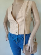 Damska kamizelka, beżowa w czarne paski, guziki, elegancka, casual r S/36