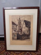 Akwaforta  „Stara miejska uliczka z wieżą”