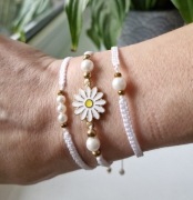 Bransoletki damskie zestaw BOHO stokrotka perły białe na sznurku hit