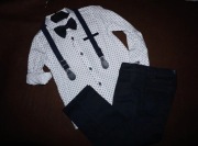 Elegancki komplet chłopięcy 128 koszula mucha spodnie szelki