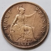 Brytyjska moneta z 1934 roku pół pensa (half penny)