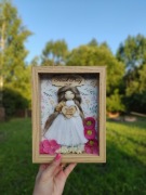 Aniołek w ramce anioł stróż dekoracja chrzest pamiątka Makrama rękodzieło 
