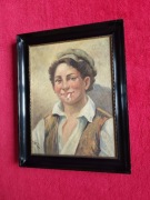 Stary obraz na płótnie sygnowanyportret chłopca z papierosem