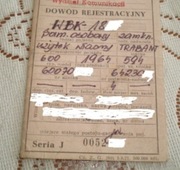 Kolekcjonerski dowód rejestracyjny Trabant 600/64r