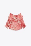 ZARA hiszpanka bluzka kwiaty czerwona falbanki odkryte ramiona boho kwiatki
