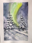 Akwarela z zorzą. Format A 4. Sygnowana.