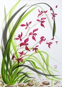 Wdzięk orchidei, 42*30cm japońskie malarstwo sumi-e, Original Akwarela 