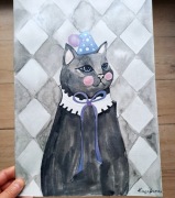 Akwarela oryginalna A4 "Kot Pierrot", romby, zabawna ilustracja 
