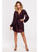 Sylwestrowa mini z cekinami i dekoltem kopertowym - wino roz. S