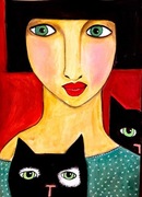 Obraz recznie malowany "Dziewczyna i koty"