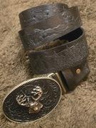 Skórzany pasek myśliwski do garnituru, munduru myśliwego, JELEŃ Byk.