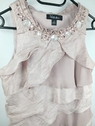 Elegancka sukienka wizytowa pudrowy róż falbany cekinowy dekolt XS/S