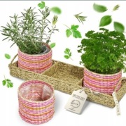 Doniczki na zioła, styl boho, zestaw 3 sztuk z podstawką