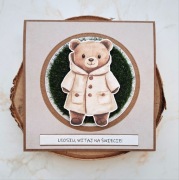 kartka na roczek w pudełeczku, na narodziny, z misiem