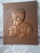 Miedź płaskorzeźba stara Bosman z kuflem 