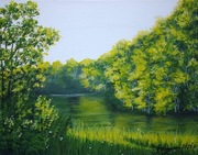 PEJZAŻ RĘCZNIE MALOWANY AKRYLOWY "ZATOPIONE W ZIELENI" - 24x30cm