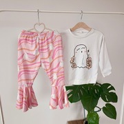 Komplet bluza spodnie dzwony 110 duch duszek biały różowy