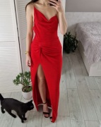 Nelly czerwona sukienka maxi długa z rozcięciem na srebrnych ramiączkach M