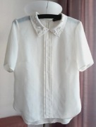 Bluzka Vintage PEREŁKI Kołnierzyk BOHO M L Kremowa Ecru